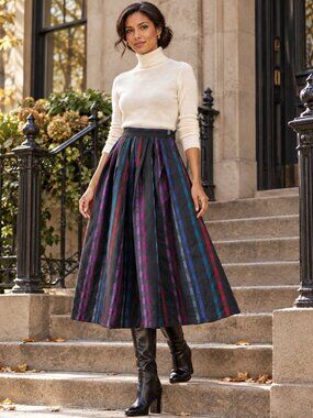 Vintage Chasma Pure Wool Pleated Midi Skirt 7/8 Black Jewel Tone Striped Classic